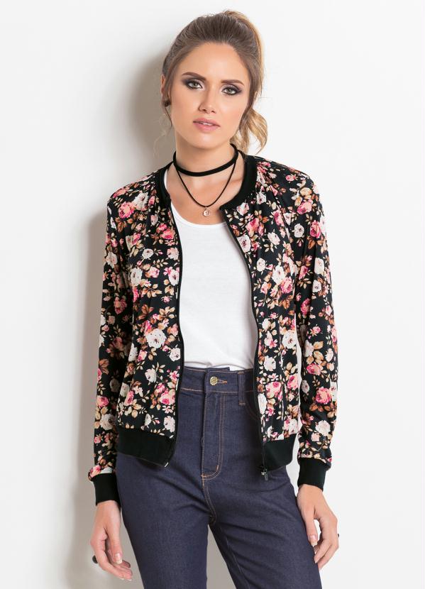 Moda Pop - Jaqueta Bomber Preta e Floral