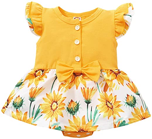 AxiBa Macaquinho para meninas estampado com laço de girassol, macacão e macacão para bebês meninas