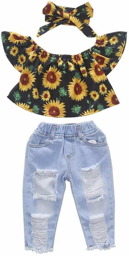 BAOBAOLAI Roupas para bebês meninas Girassol com babados Blusas de manga com calças jeans 3 peças Roupas de verão BAOBAOLAI Roupas para bebês meninas Girassol com babados Blusas de manga com calças jeans 3 peças Roupas de verão