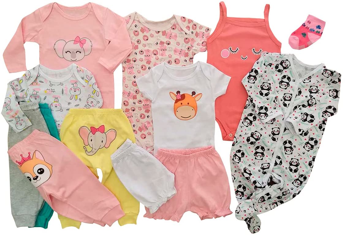 Body Bebê Mijão Liso Estampado Macacão Shorts e Meia Kit 13 Pçs Roupa Bebê Menina