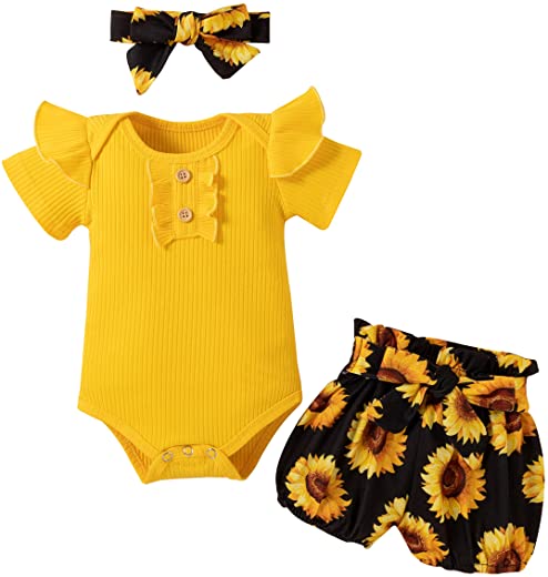 Conjunto de 3 peças de roupa para bebês meninas liso canelado com girassol, calça curta, roupa para cabeça