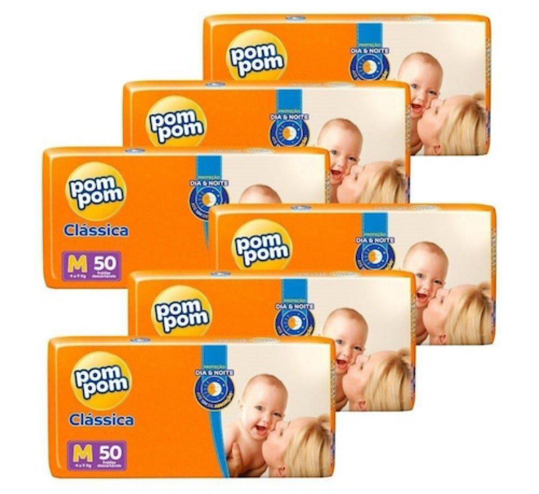 Fralda Descartável Pom Pom Clássica Mega Média - 6 Pacotes com 50 Tiras