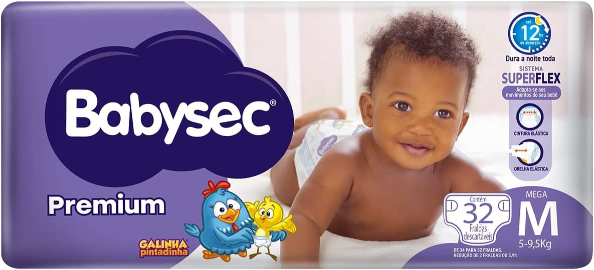 Fraldas Babysec Premium Galinha Pintadinha Flexi Protect, M, 32 Unidades