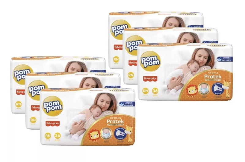 Kit Fralda Pom Pom Derma Protek RN 6 Pacotes com 36 Unidades