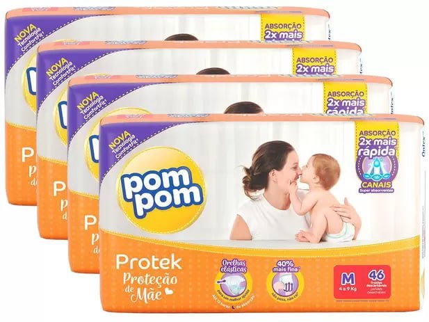 Kit 4 Pcts de Fraldas Pom Pom Protek Proteção de Mãe Tam. M - 46 Unidades Cada 4 Pacotes (184 Unidades)