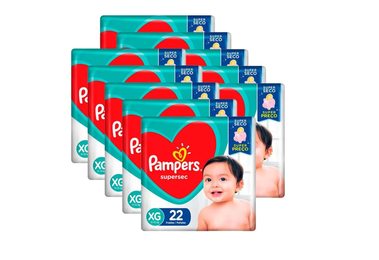 Kit com 10 pacotes de Fraldas Pampers Supersec