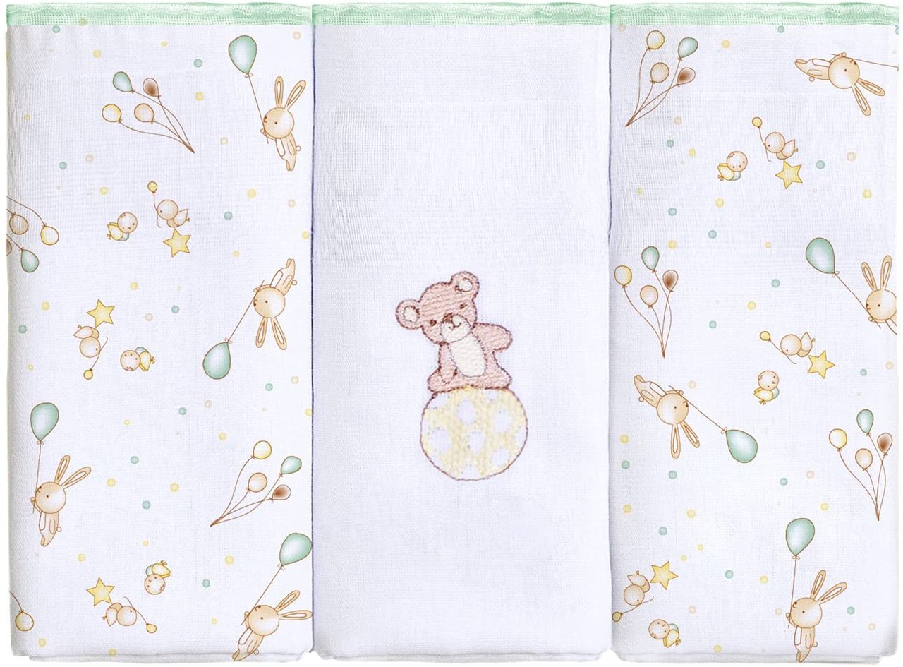 😍 Fralda Bordado com Estampado, Papi Textil, 63cmx63cm, 3 Unidades - Ursinho