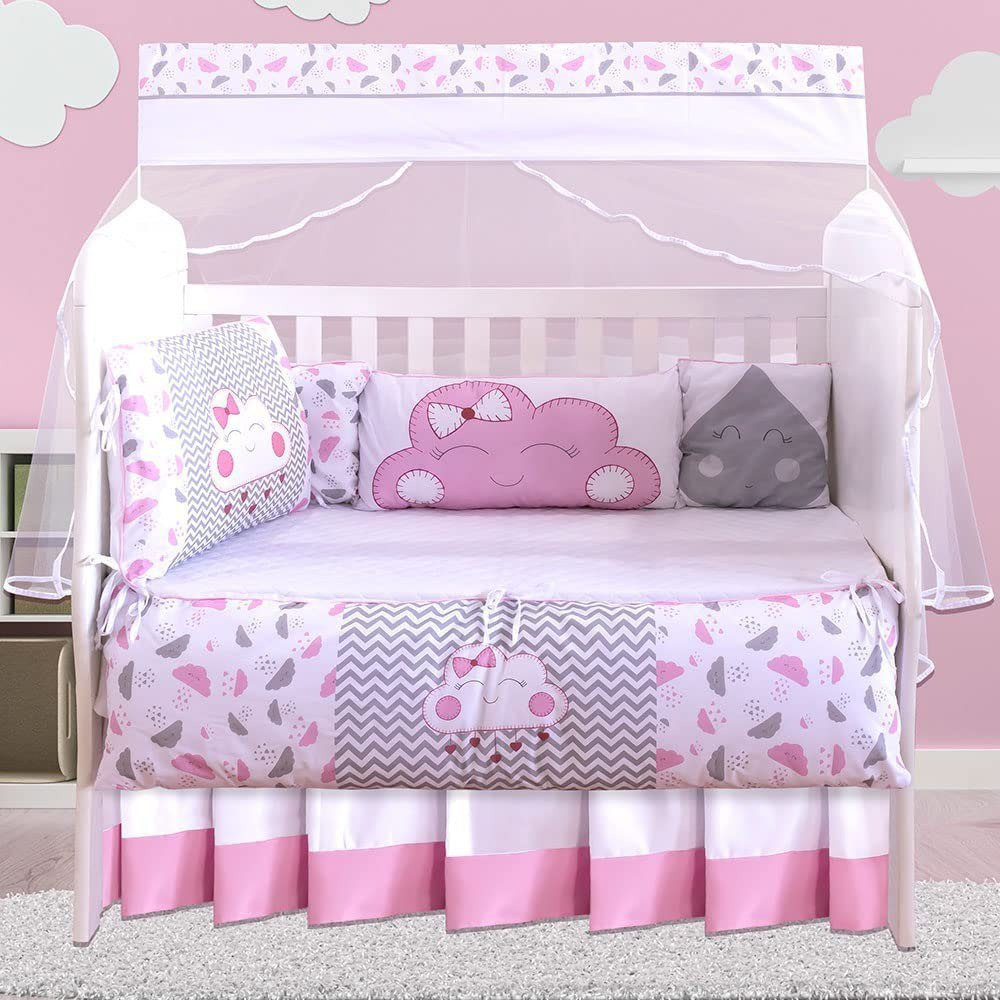 Kit Berço Nuvem 12 Peças 100% Algodão cores:Rosa;Tema:Nuvem