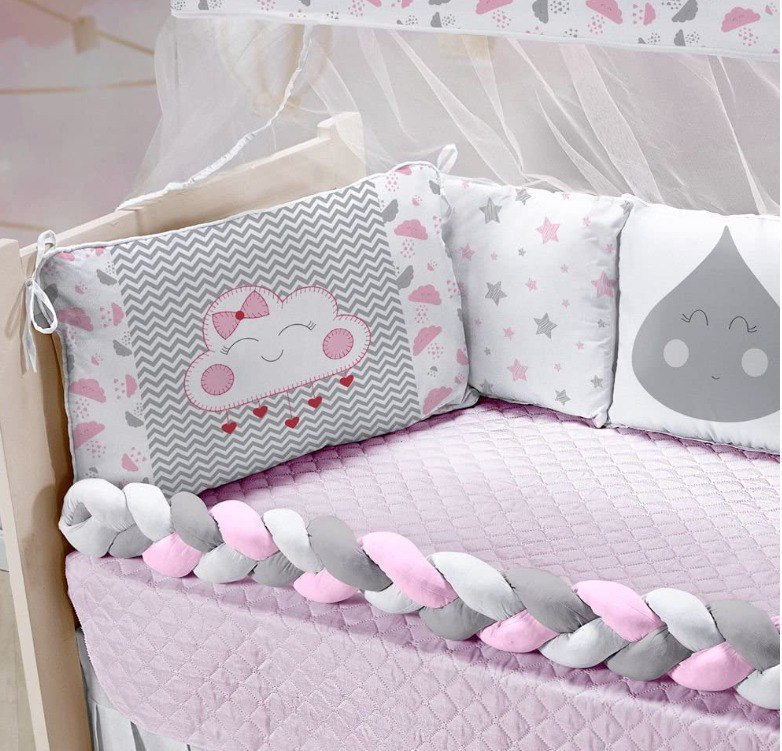 Kit Berço Trança Nuvem Rosa 12 Peças 100% Algodão Rosa cores:Rosa;Tema:Nuvem
