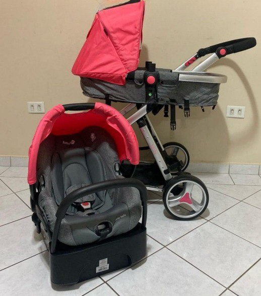 Bebê conforto + base para veículo + carrinho de alumínio com 3 rodas