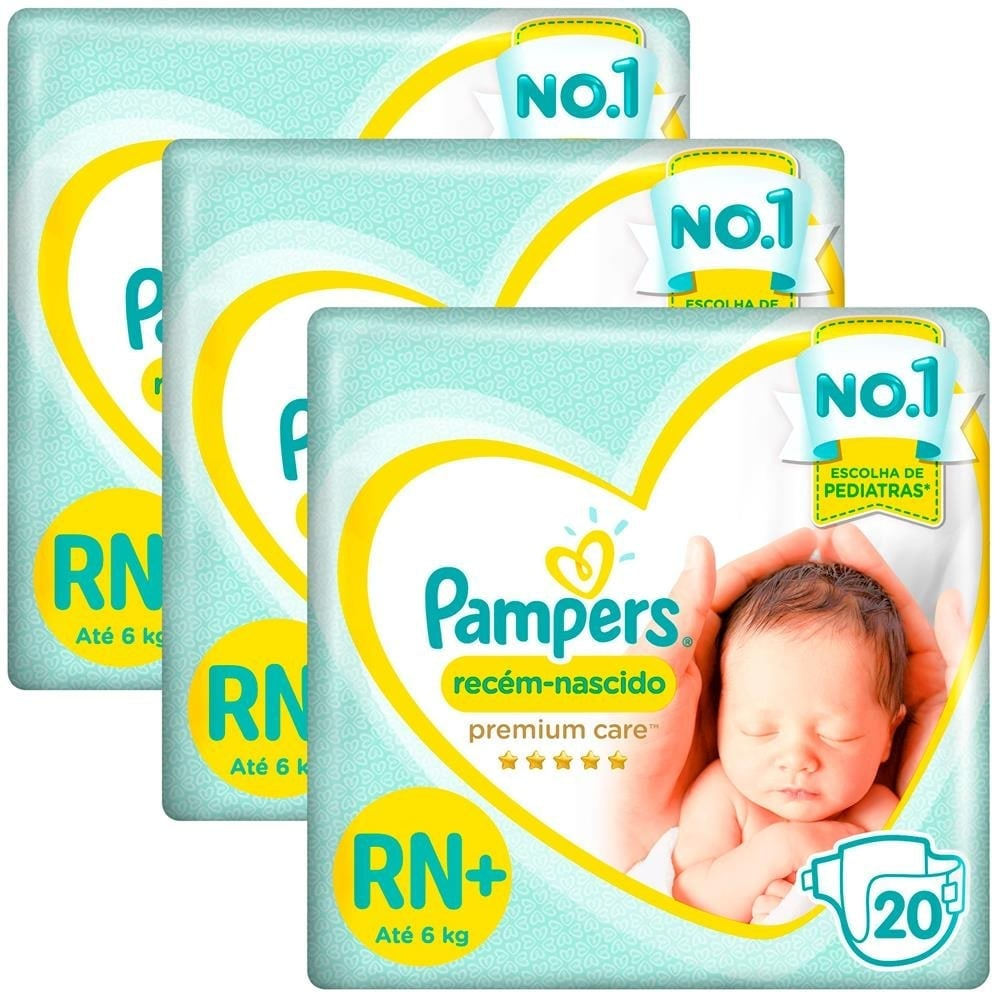 Fralda Pampers Premium Care RN+ - Kit com 60 Unidades até 6Kg