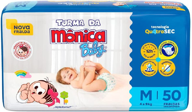 Fralda Turma da Monica Baby Mega M 50 Unidades, Turma da Mônica Baby, Azul, M