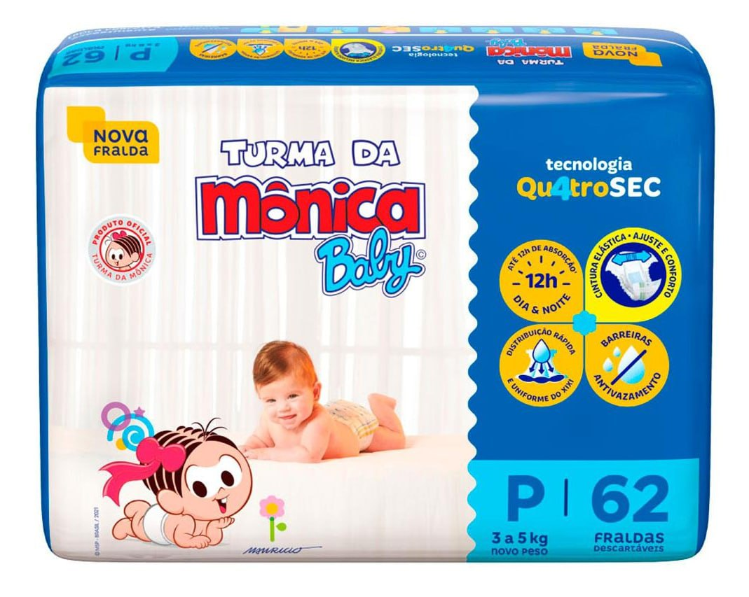 Fralda Turma da Mônica Baby Mega P 62 Unidades