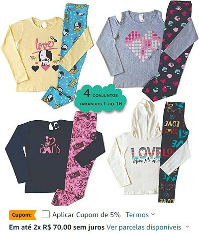 Kit com 4 Conjunto Infantil Juvenil Menina - Cotom Meia estação - 1 ao 16
