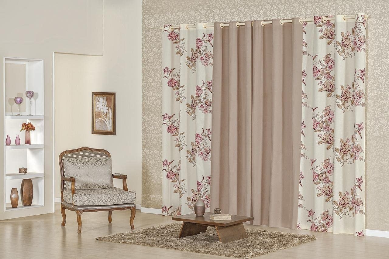 Cortina Floratta 2,00m x 1,70m Floral Estampada Para Sala Ou Quarto Caqui