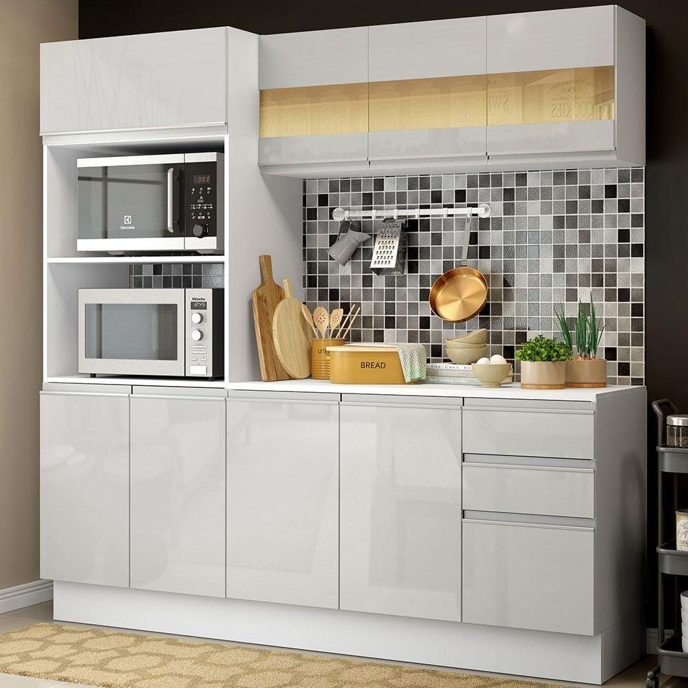 Cozinha Compacta 100% MDF Madesa Smart 190 cm Com Armário, Balcão e Tampo - Frentes Branco Brilho*