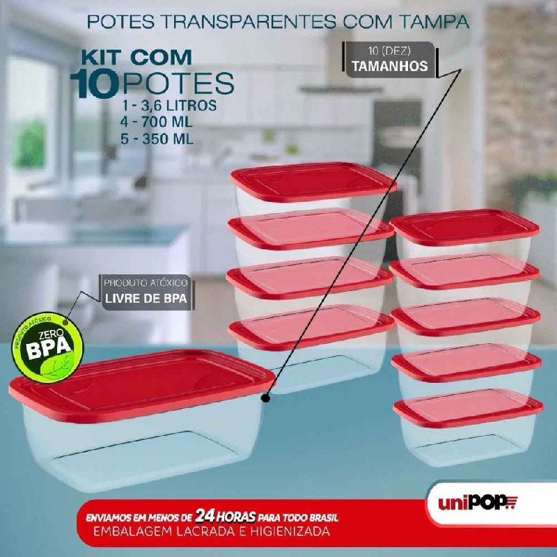 Kit 10 Potes Transparentes Com Tampa vermelho