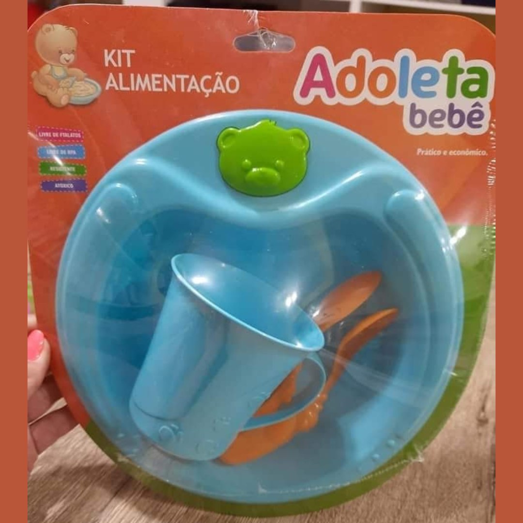 Kit Alimentação, Pratinho Urso e Colheres, Adoleta Bebê, Azul Turquesa
