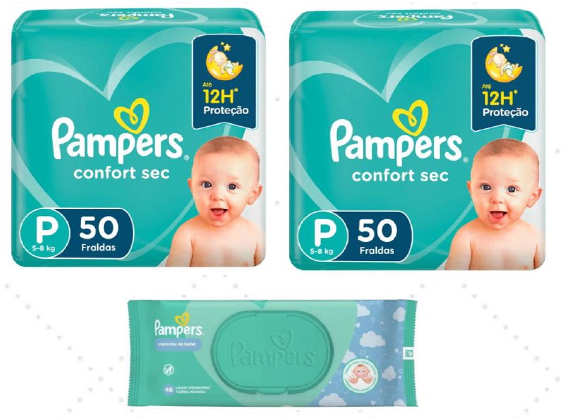 Kit de Fraldas Pampers Mega Confort Sec P - 100 Unidades + Lenço Umedecido Pampers Regular - 48 Unidades
