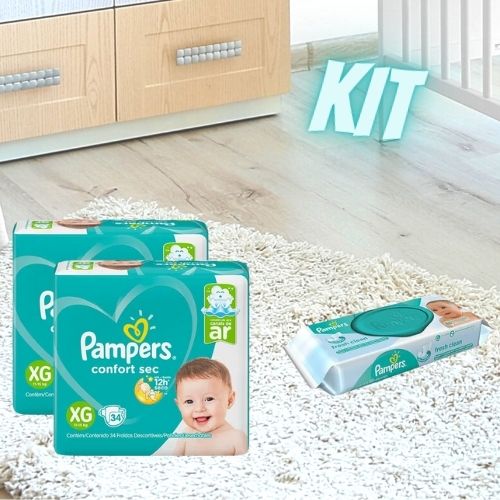 Kit de Fraldas Pampers Mega Confort Sec XG 68 Unidades + Lenço Umedecido Pampers 48 Unidades