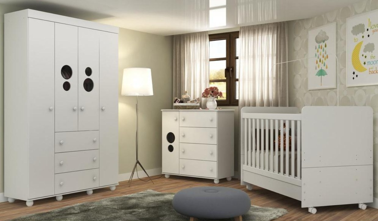Quarto Completo Pimpolho com berço 3 em 1 com rodízios Multimóveis Branco*