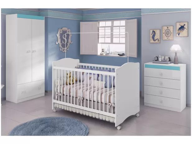 Quarto de Bebê Completo com Berço, Guarda-Roupa e Cômoda - Móveis Estrela Satriani