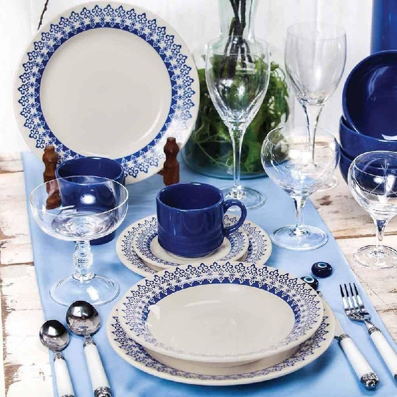 1 Aparelho de Jantar e Chá 20 Peças Biona Donna Grécia Azul/Marfim