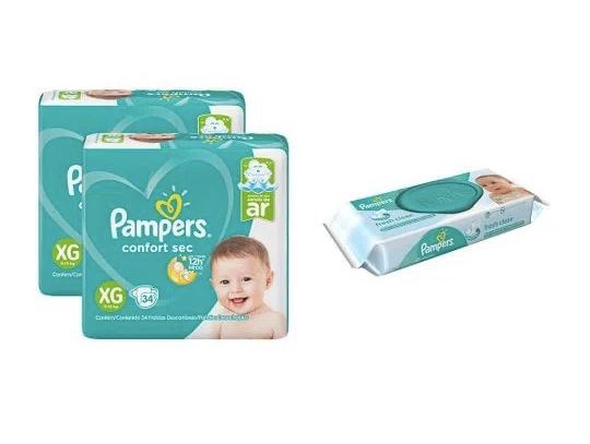 Kit de Fraldas Pampers Mega Confort Sec XG - 68 Unidades + Lenço Umedecido Pampers Regular - 48 Unidades