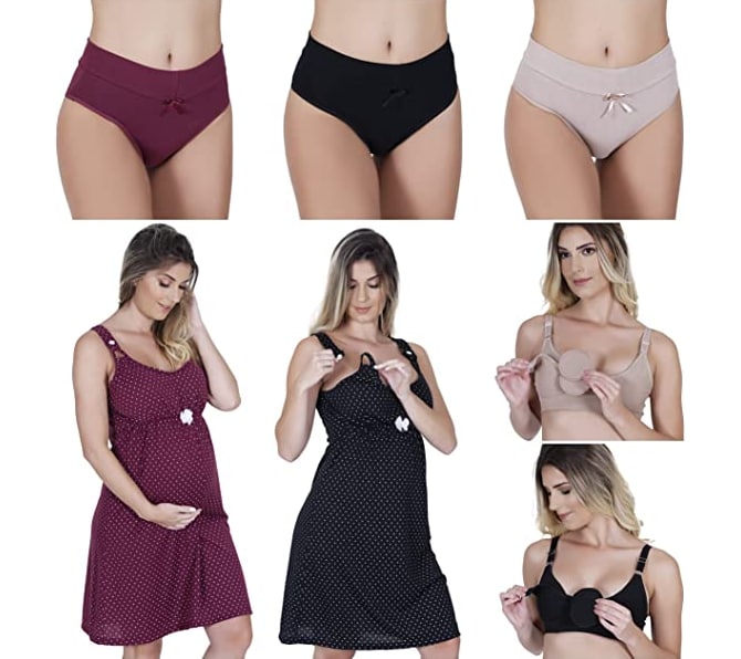 Kit Maternidade com 2 Camisolas abertura na alça + 2 sutiãs amamentação + 3 calcinhas cós pós parto (M ao GG)