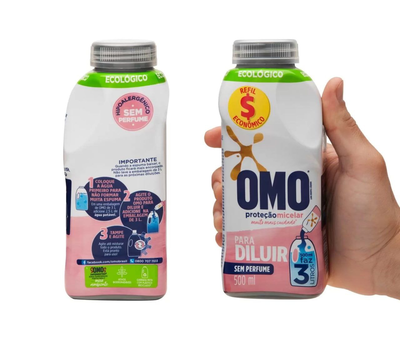 Refil Sabão Líquido Concentrado Omo Proteção Micelar 500ml - Hipoalergênico e Sem Perfume (Rende 3L)
