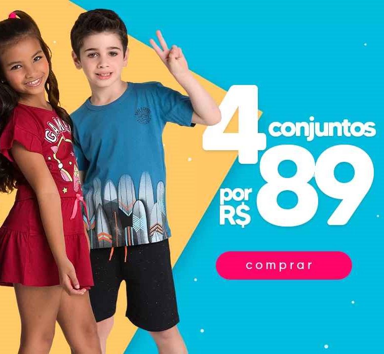 5 conjuntos por R$ 89 (Sendo 10 peças, 5 bermudas + 5 camisetas)