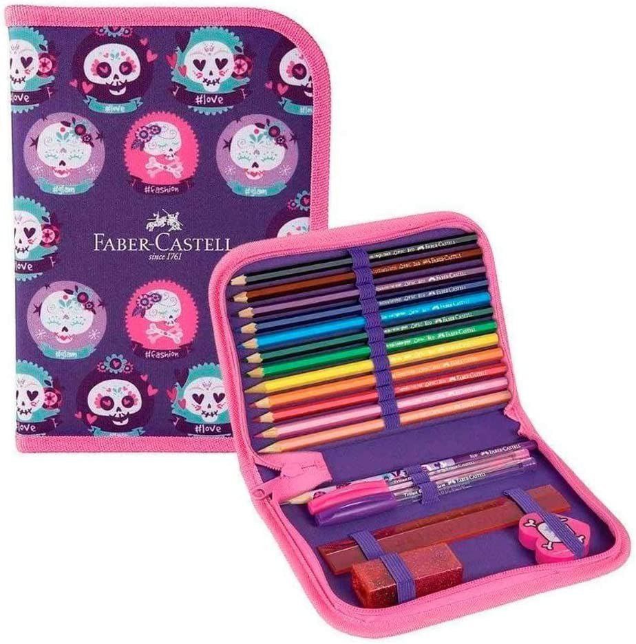 Estojo de Nylon com Kit Escolar, Faber-Castell, Caveirinhas, 18.2212RS, Roxo