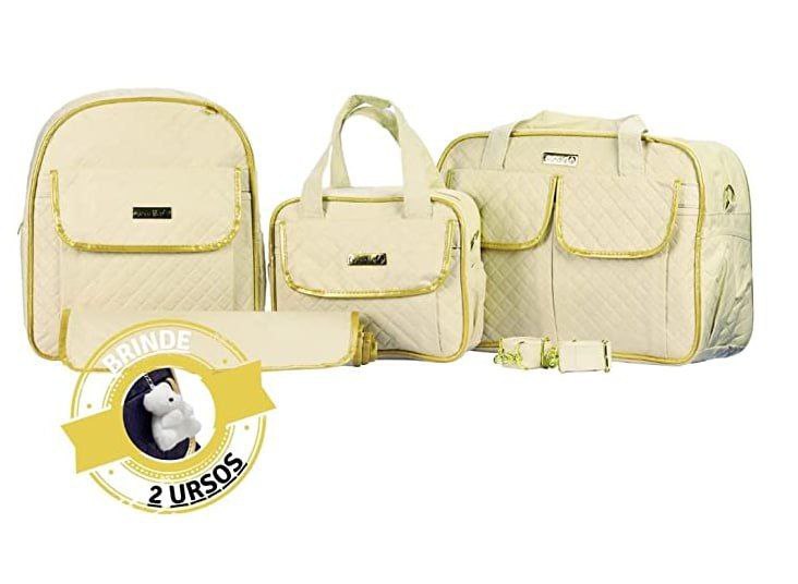 Kit com 2 Bolsas Maternidade + Mochila + Trocador + Chaveiros de Urso de Brinde