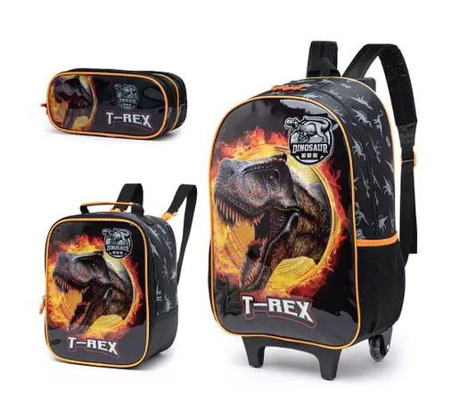 Kit Escolar Dino T-Rex Completo GUELPH Mochila de Carrinho + Estojo + Lancheira Marmiteira