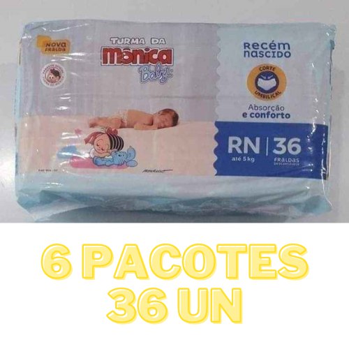 Kit Fralda Turma da Mônica Baby RN - 6 Pacotes com 36 Unidades Cada