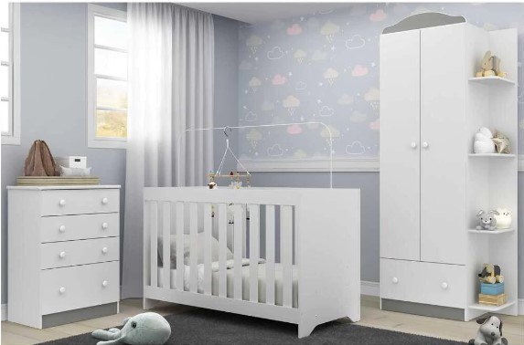 Quarto Infantil Completo João e Maria com berço 3 em 1 + colchão Multimóveis + Roupeiro e cômoda Branco