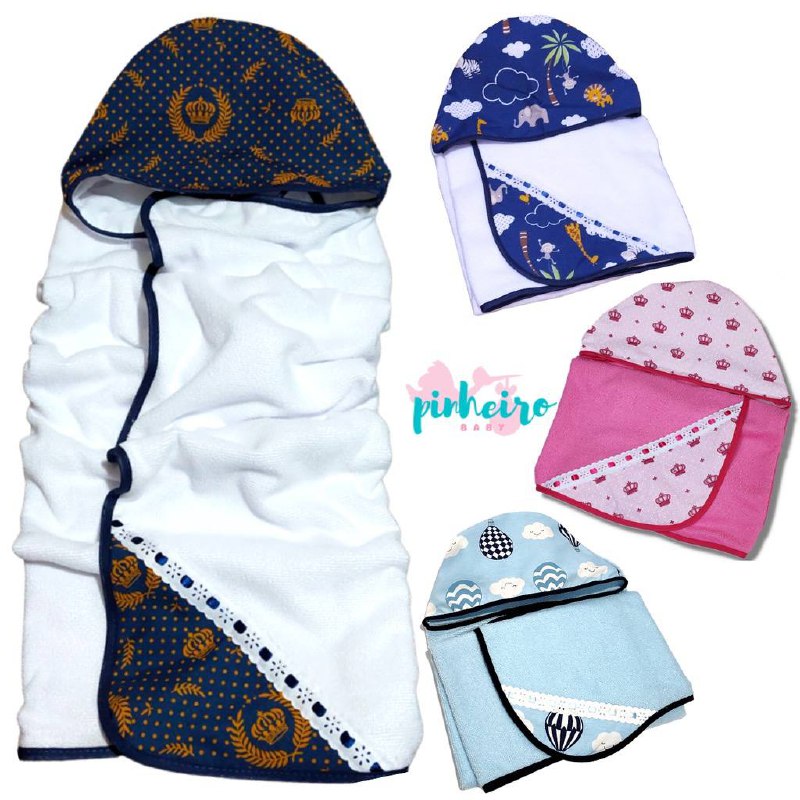 Toalha de Banho para Bebe Dupla Face Forrada com Fralda Recem Nascido Bebê Modelo Luxo Com Capuz 100% Algodão Varias Estampas Menino Menina