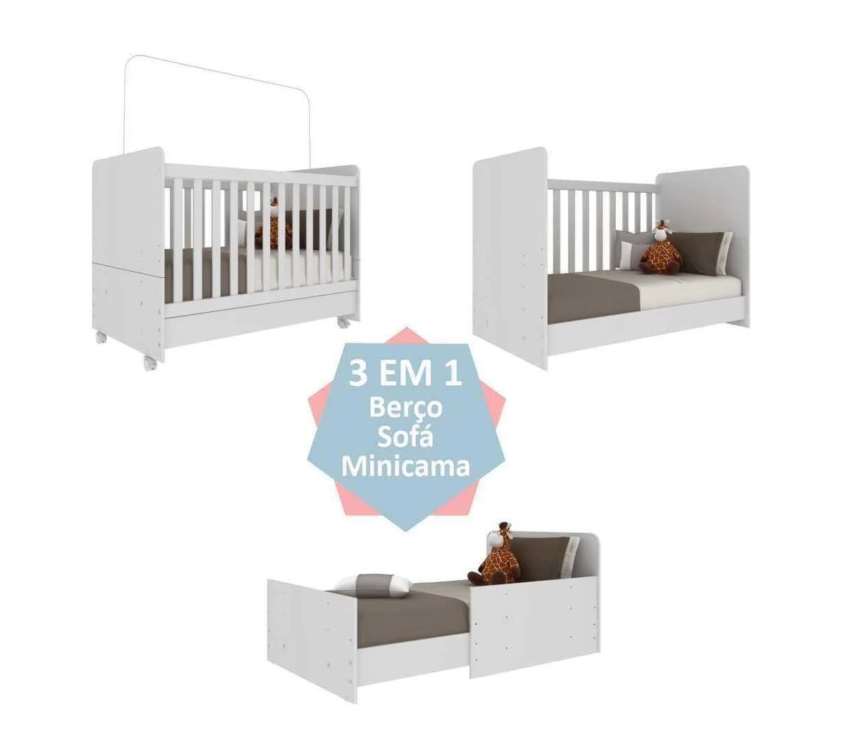 Berço Americano 3 em 1 com rodízios e Colchão incluso - Bambino Multimóveis Branco