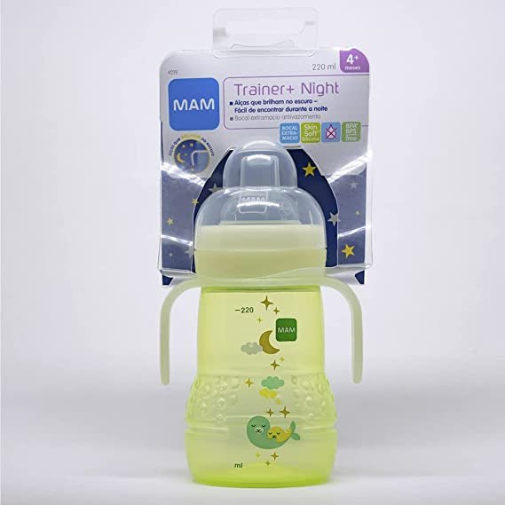 Copo de Transição MAM Trainer+ Night Verde 4M+ com 220ml (Alças que brilham no escuro)