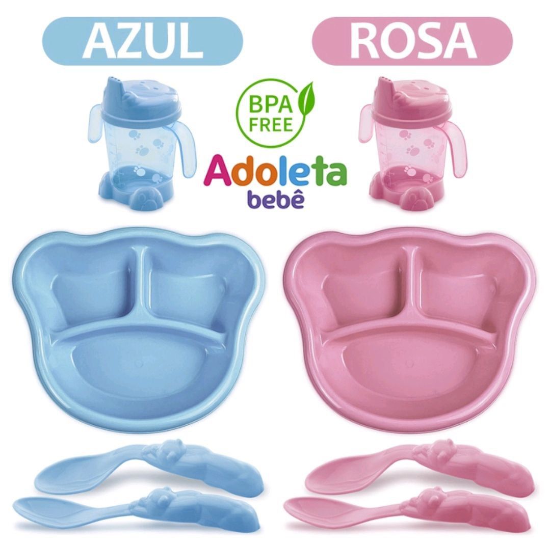 Kit Alimentação Prato com Divisórias + Porta-Suco + Colheres, Adoleta Bebê
