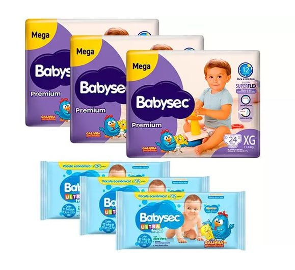Kit Fralda Babysec Premium XG 72 unidades + 3 Pacotes Toalha Umedecida 92 unidades cada
