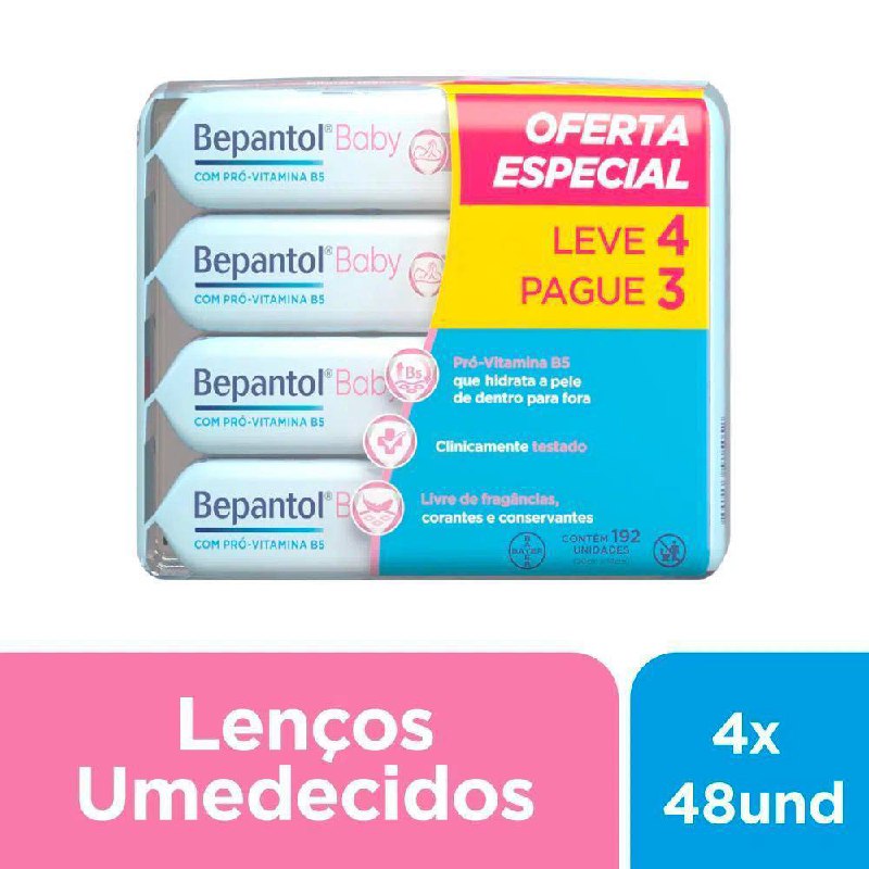 Kit Lenço Umedecido Bepantol Baby - 4 pacotes com 48 unidades cada
