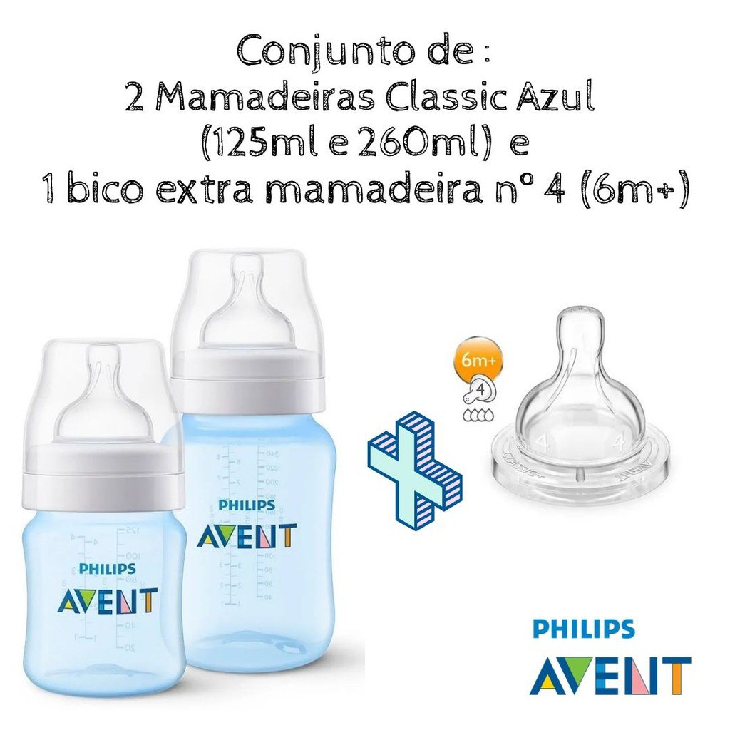 Kit Mamadeiras Philips Avent Anti-Colic SCD809/36 Rosa 125ml e 260ml - 2 Unidades + Bico Extra