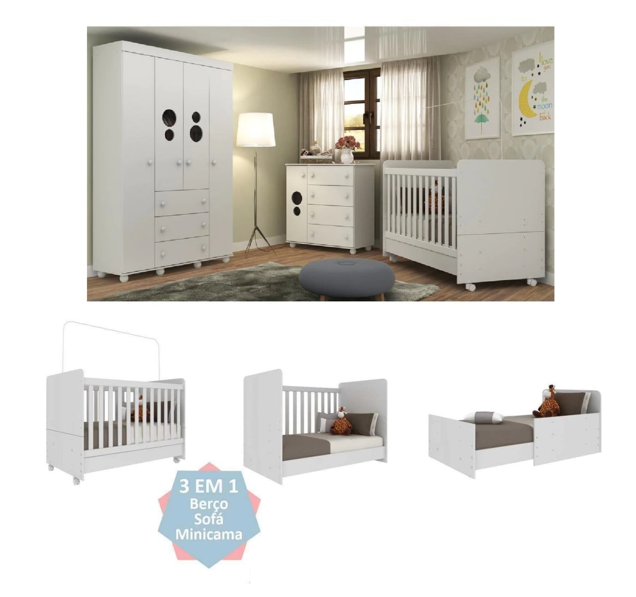 Quarto Completo Pimpolho com berço 3 em 1 com rodízios + Roupeiro + Cômoda Multimóveis Branco