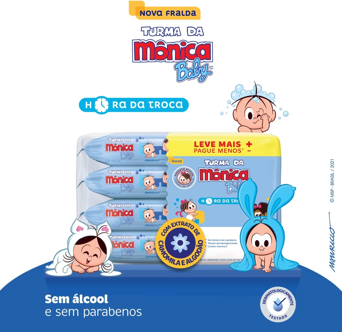Toalhas Umedecidas Turma da Mônica Baby, Hora da Troca, 176 Unidades Leve Mais Pague Menos, Turma da Mônica Baby, Azul