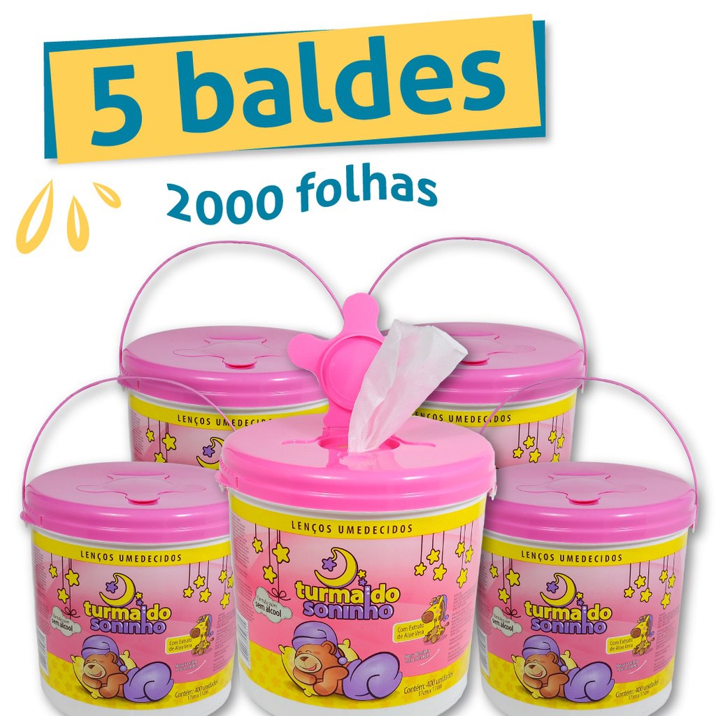 5 unidades de balde lenço umedecido com 400 folhas cada- Turma do Soninho - Rosa
