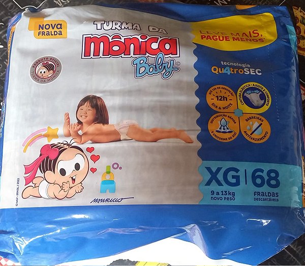 Fralda Turma Da Mônica Baby QuatroSec Giga Descartável Tamanho XG - 68 Unidades
