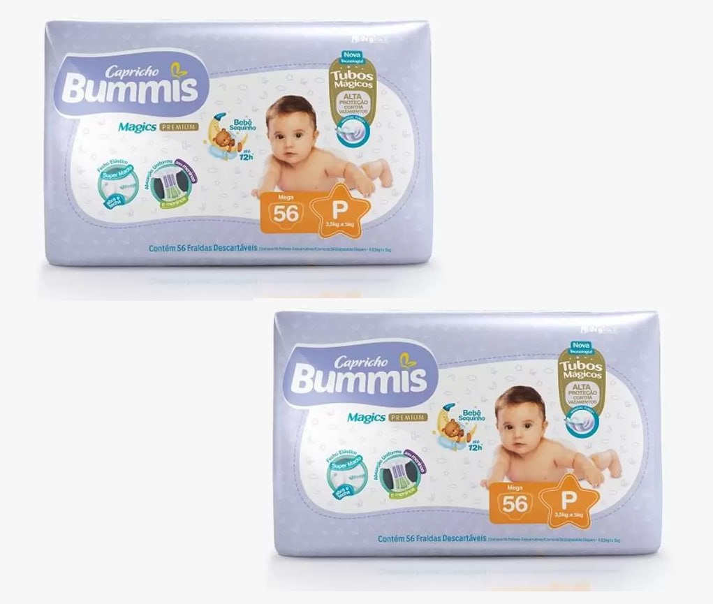 Kit com 02 Pacotes da Fralda Capricho Bummis Mega Premium P 56 unidades cada - Total 112 unidades