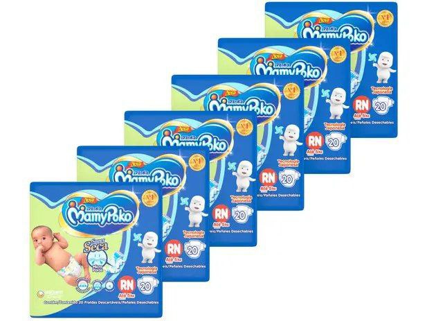 Kit Fraldas MamyPoko Fita RN - 6 Pacotes com 20 Unidades Cada = 120 unidades