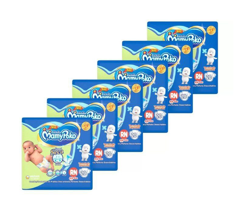Kit Fraldas MamyPoko Fita RN - 6 Pacotes com 20 Unidades Cada = 120 unidades